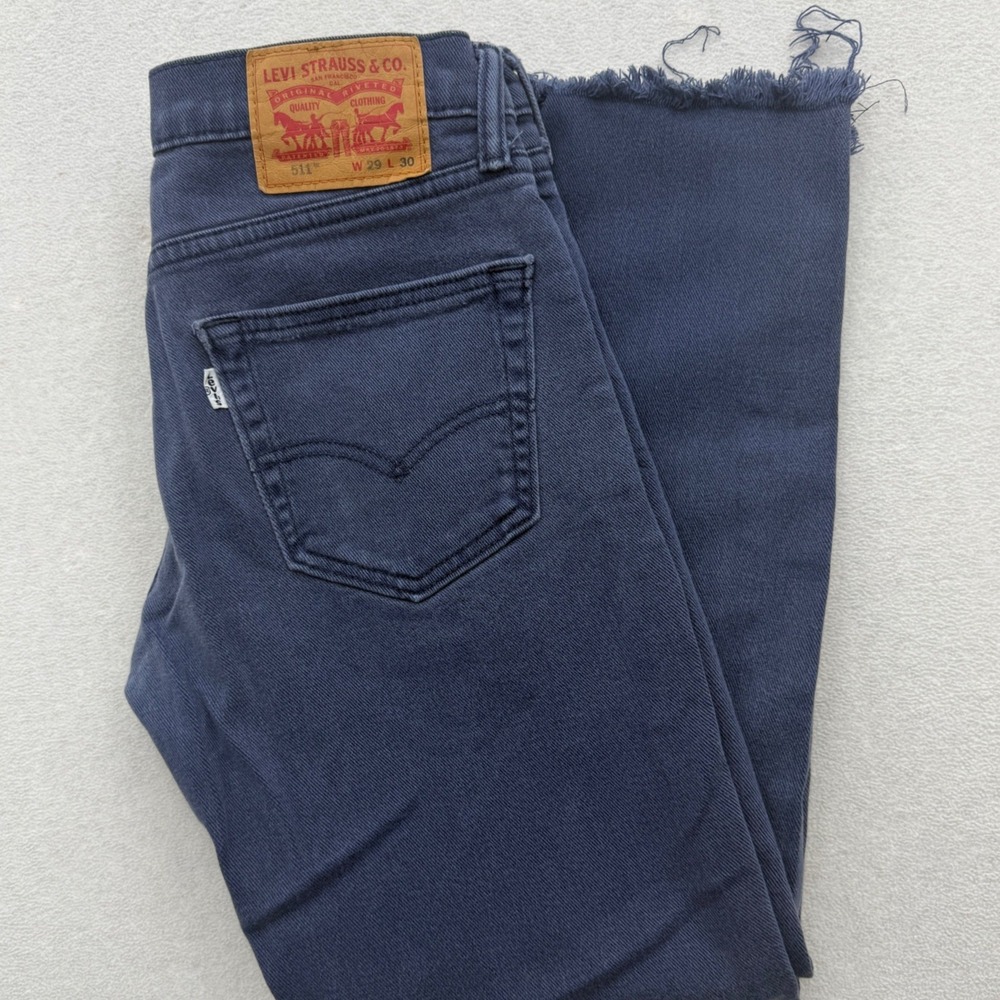 Levi 511 Slim Jeans Mens 29x30 Navy Blue Frayed Raw Hem Distressed Denim